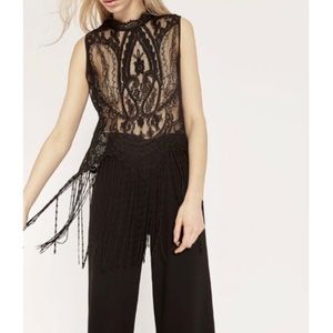 ✨HOST PICK ✨ Zara Black High Neck Lace & Fringe Sleeveless Top - Size XS